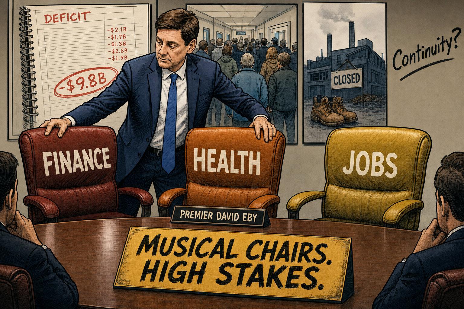 Editorial cartoon showing a cabinet-table game of musical chairs between Finance, Health and Jobs portfolios.