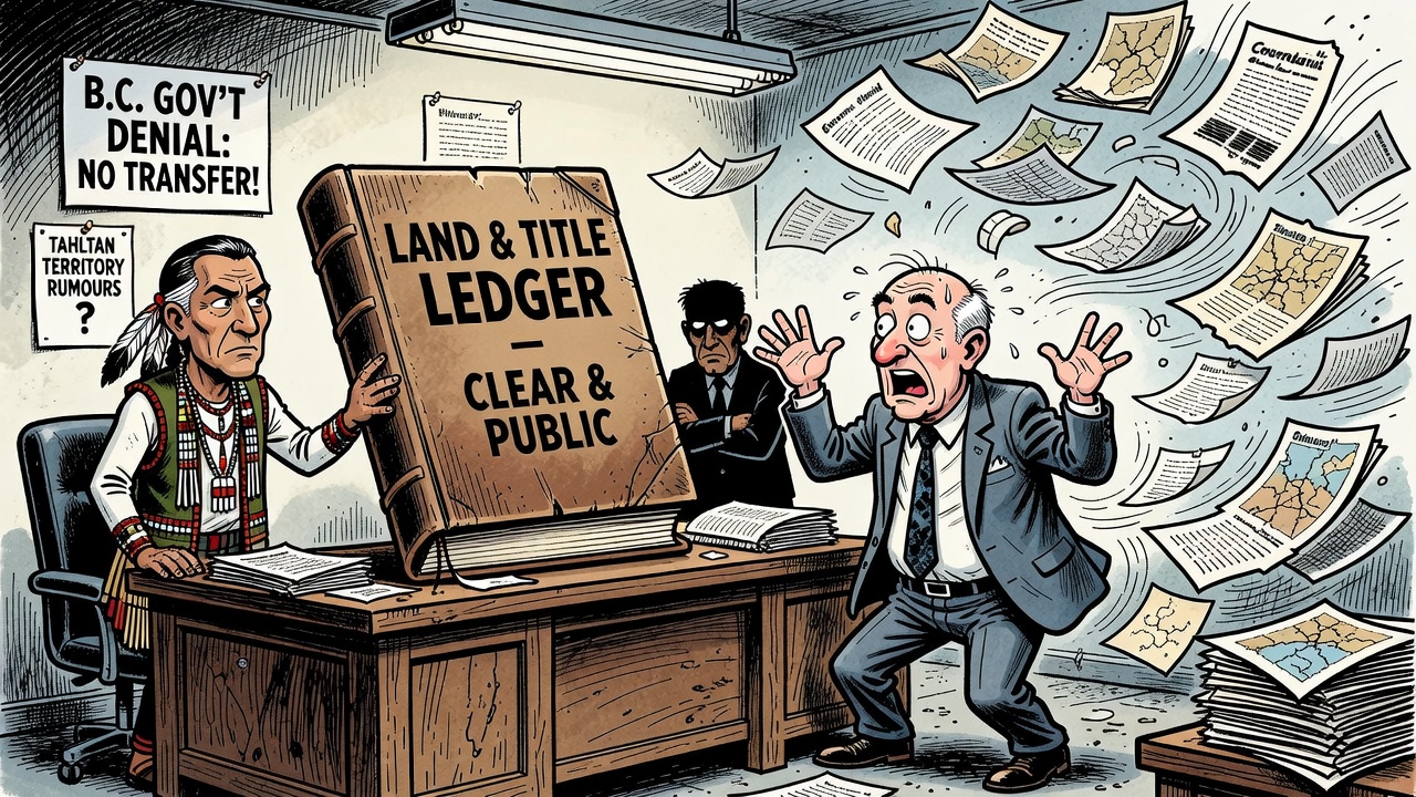 Political cartoon about B.C.’s Tahltan land-transfer controversy, the government denial and the need for a public land-and-title ledger.