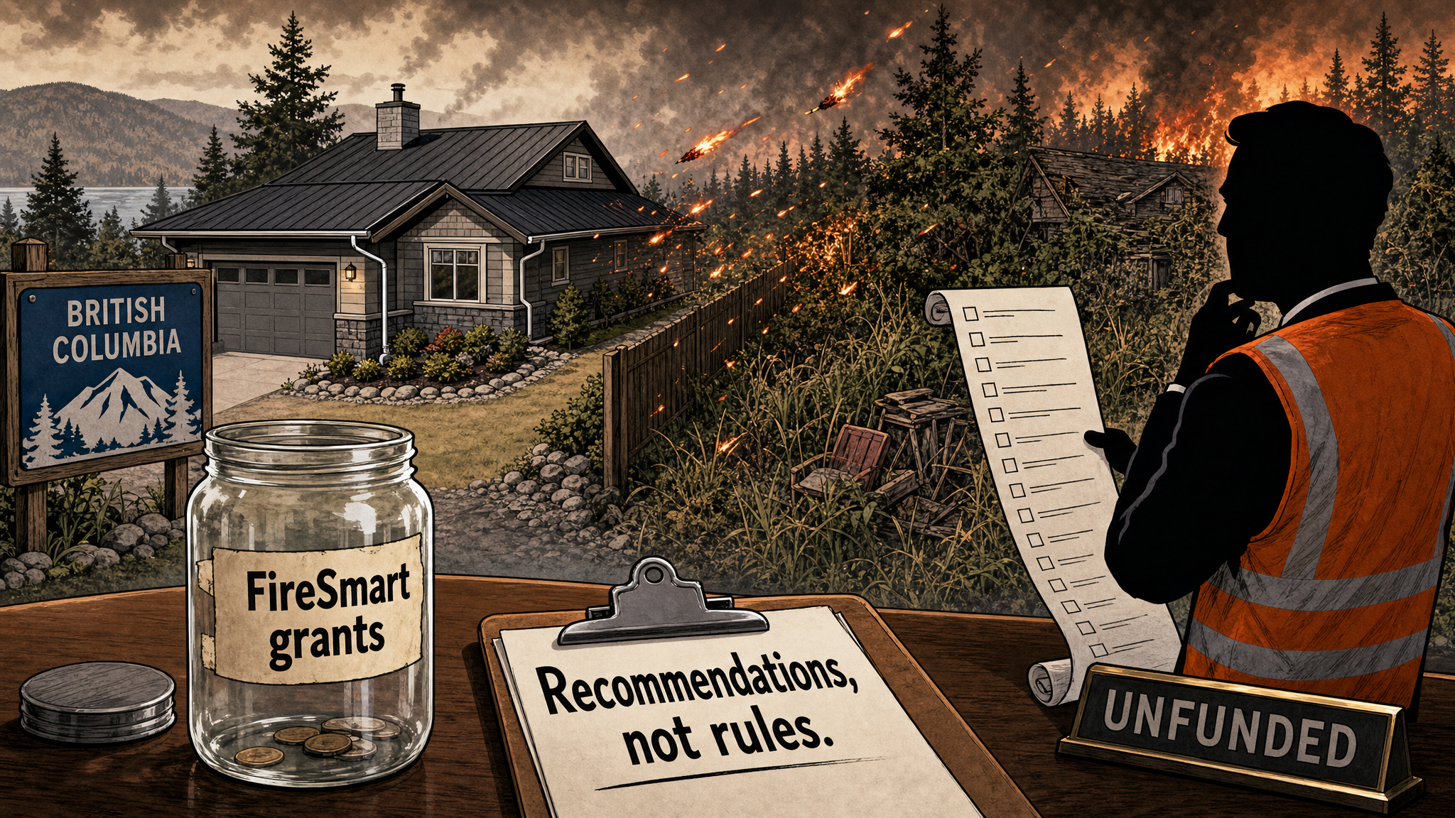 Editorial cartoon showing a half-empty FireSmart grants jar, wildfire embers crossing a fence and a government checklist of recommendations instead of rules.