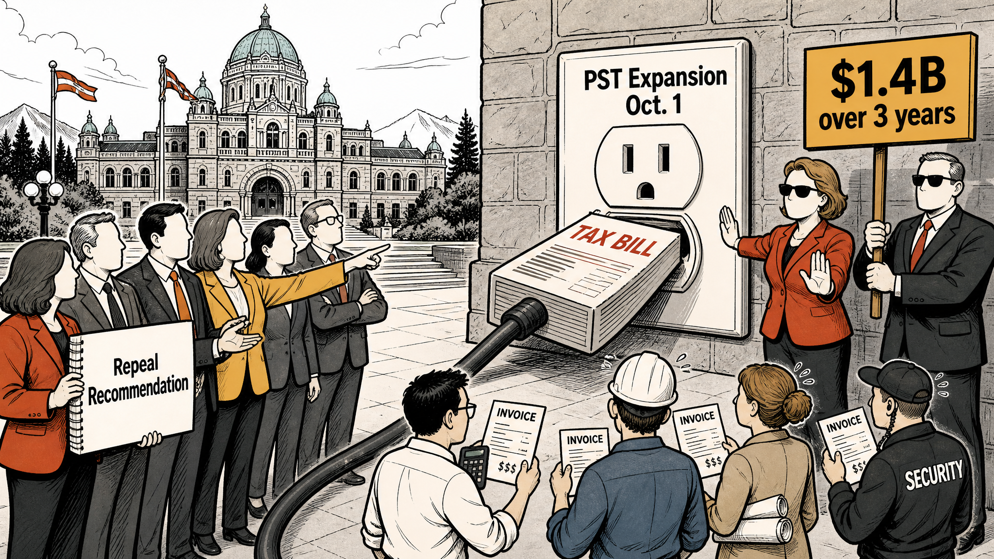 Editorial cartoon showing a PST expansion plug guarded at the legislature while committee members hold a repeal recommendation.