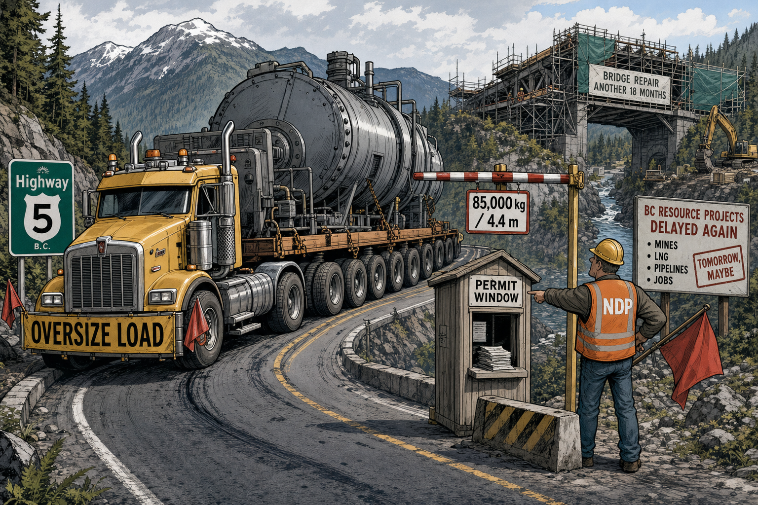Editorial cartoon showing an oversized truck stuck at a Highway 5 permit bottleneck during bridge repairs.