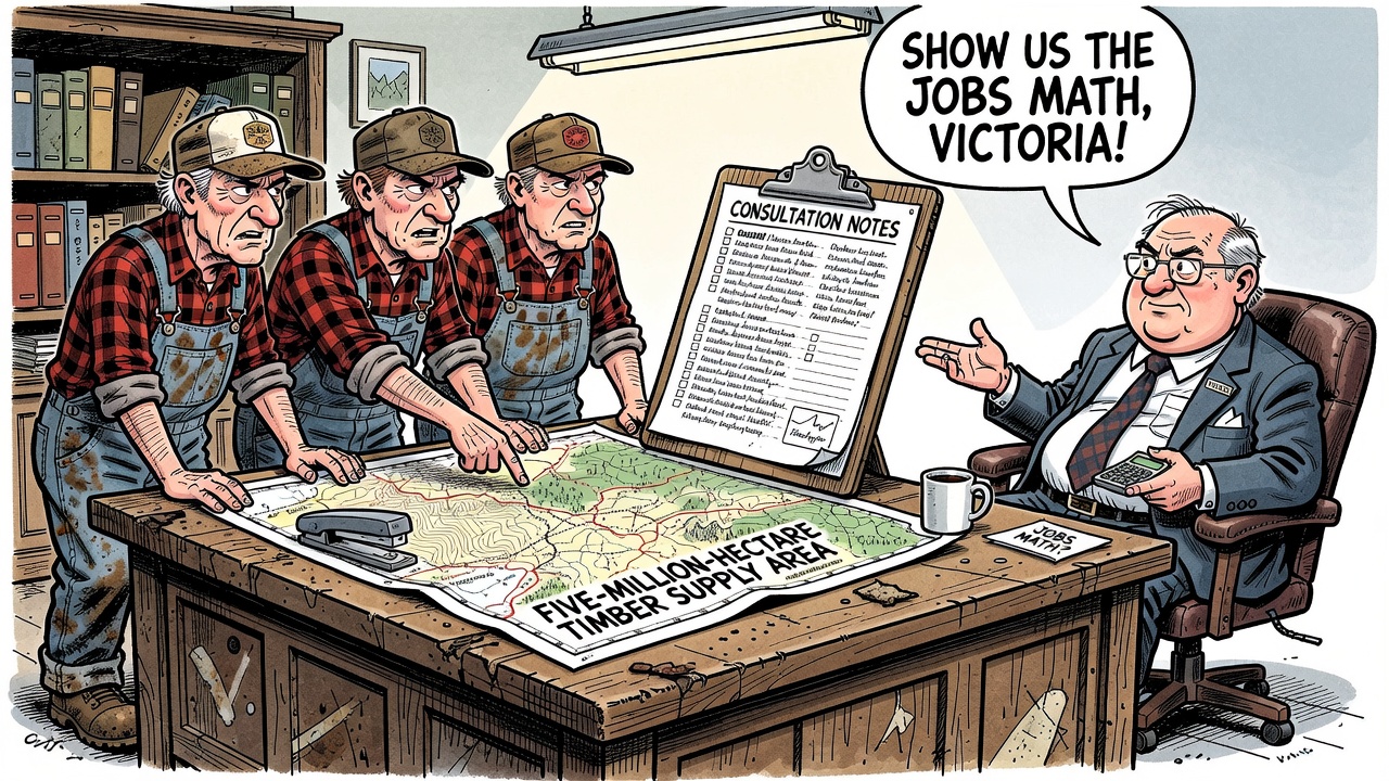 Political cartoon about the Williams Lake timber supply review, forestry workers and a large Cariboo map asking Victoria to show the jobs math.
