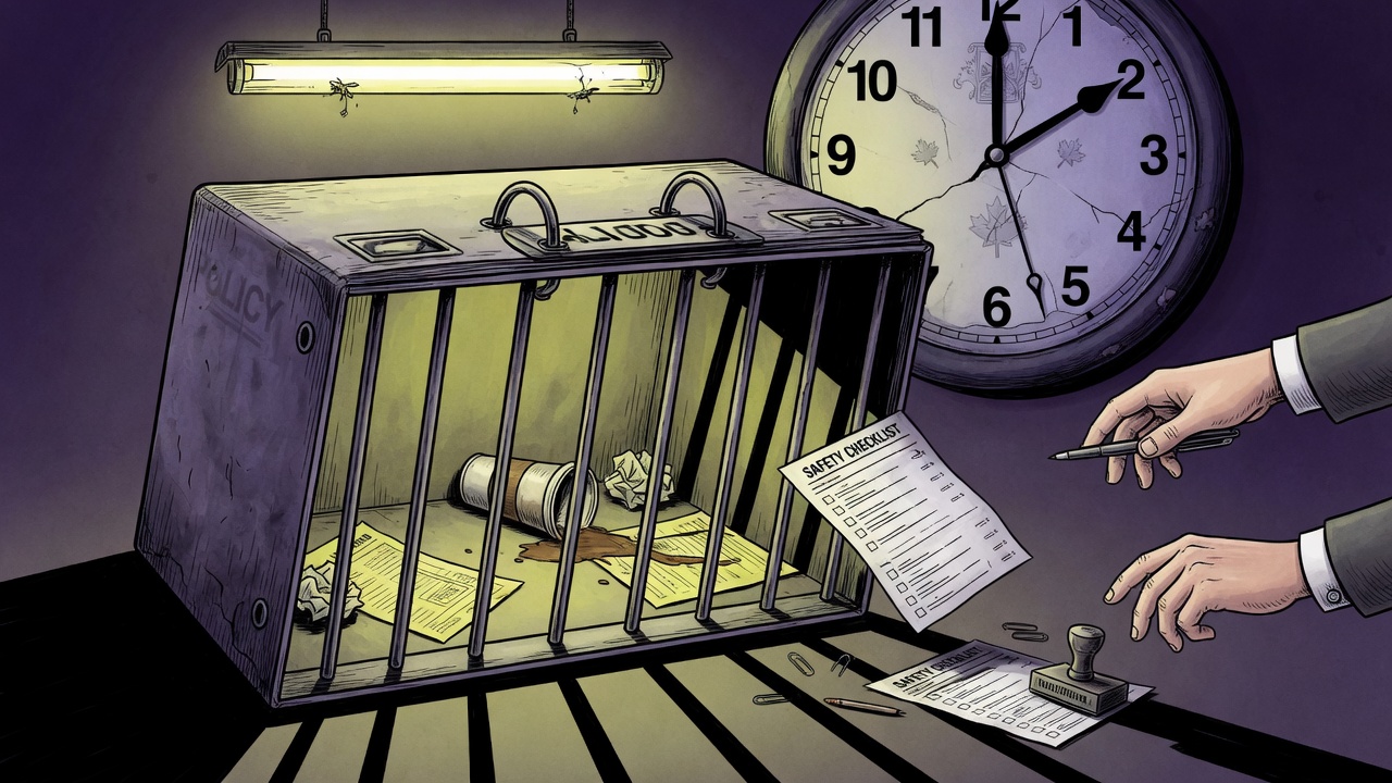 Editorial accountability graphic showing a barred cell, a 13 hour clock and a policy checklist with failed safeguards