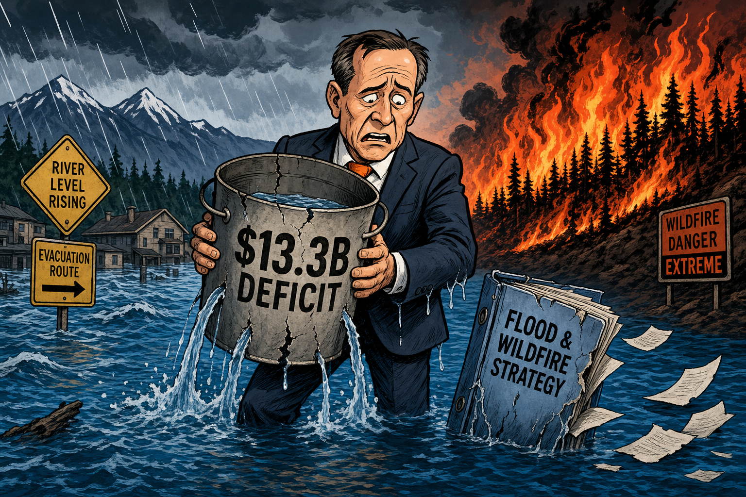 Editorial cartoon of a B.C. government leader holding a $13.3B deficit bucket while floodwater and wildfire flames threaten a disaster strategy binder