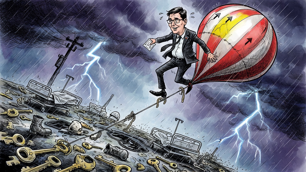 Editorial cartoon of a provincial leader balanced on a small poll balloon above a street of housing, health-care and jobs troubles