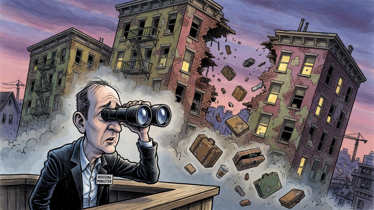 Editorial cartoon of a housing minister watching fragile SRO buildings lose rooms