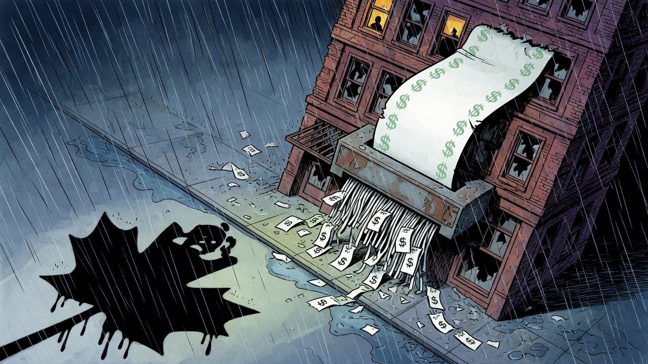 Editorial cartoon of a crumbling Granville SRO draining public money in the rain