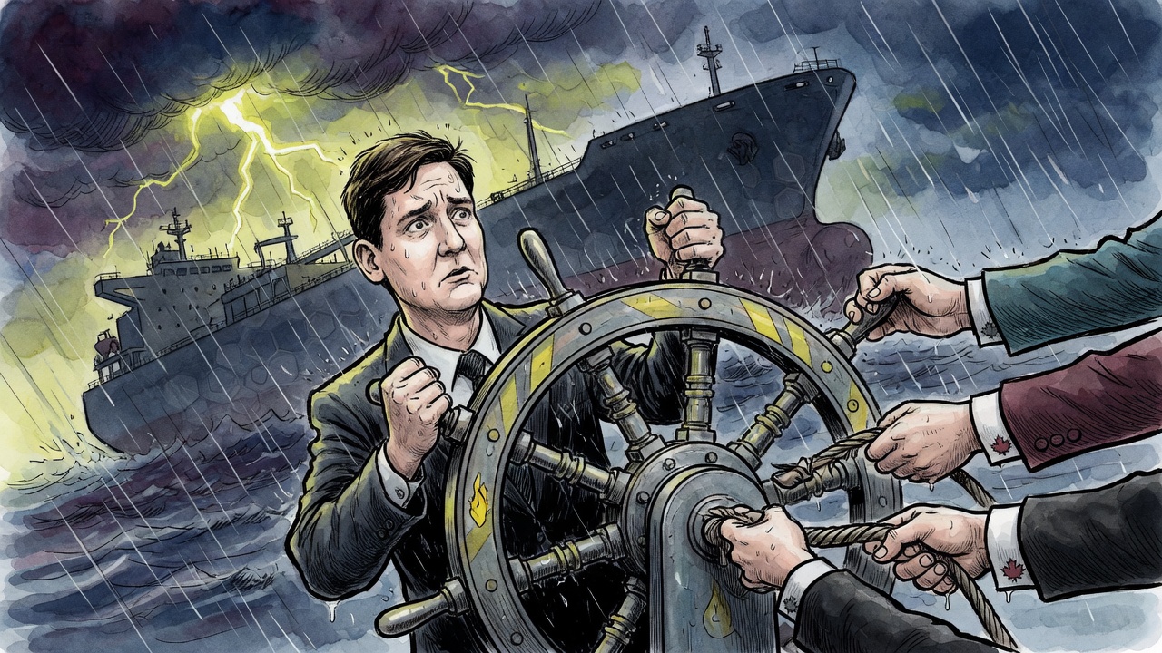 Editorial cartoon of David Eby at a ship wheel shaped like a gas valve while cabinet hands pull in different directions