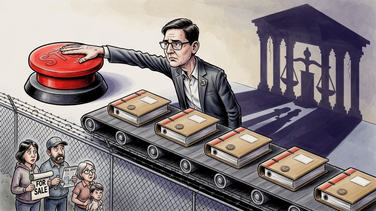 Editorial cartoon about public pressure to pause title negotiations while closed binders move toward a courthouse