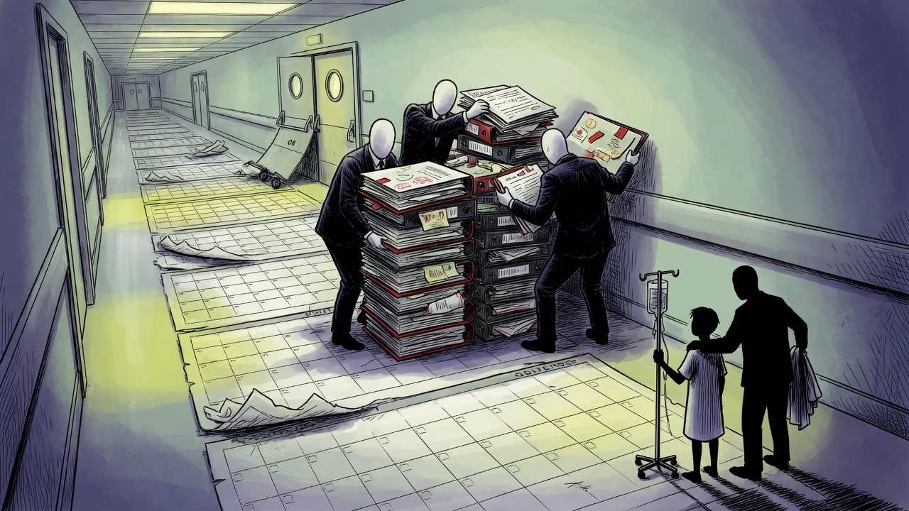 Editorial cartoon of a hospital operating-room door receding down a long calendar-like corridor while a teen patient and parent wait