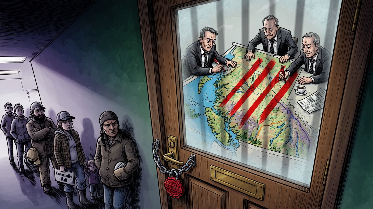 Editorial cartoon of officials drawing zones over a forest map behind a locked consultation-room door while community members wait outside