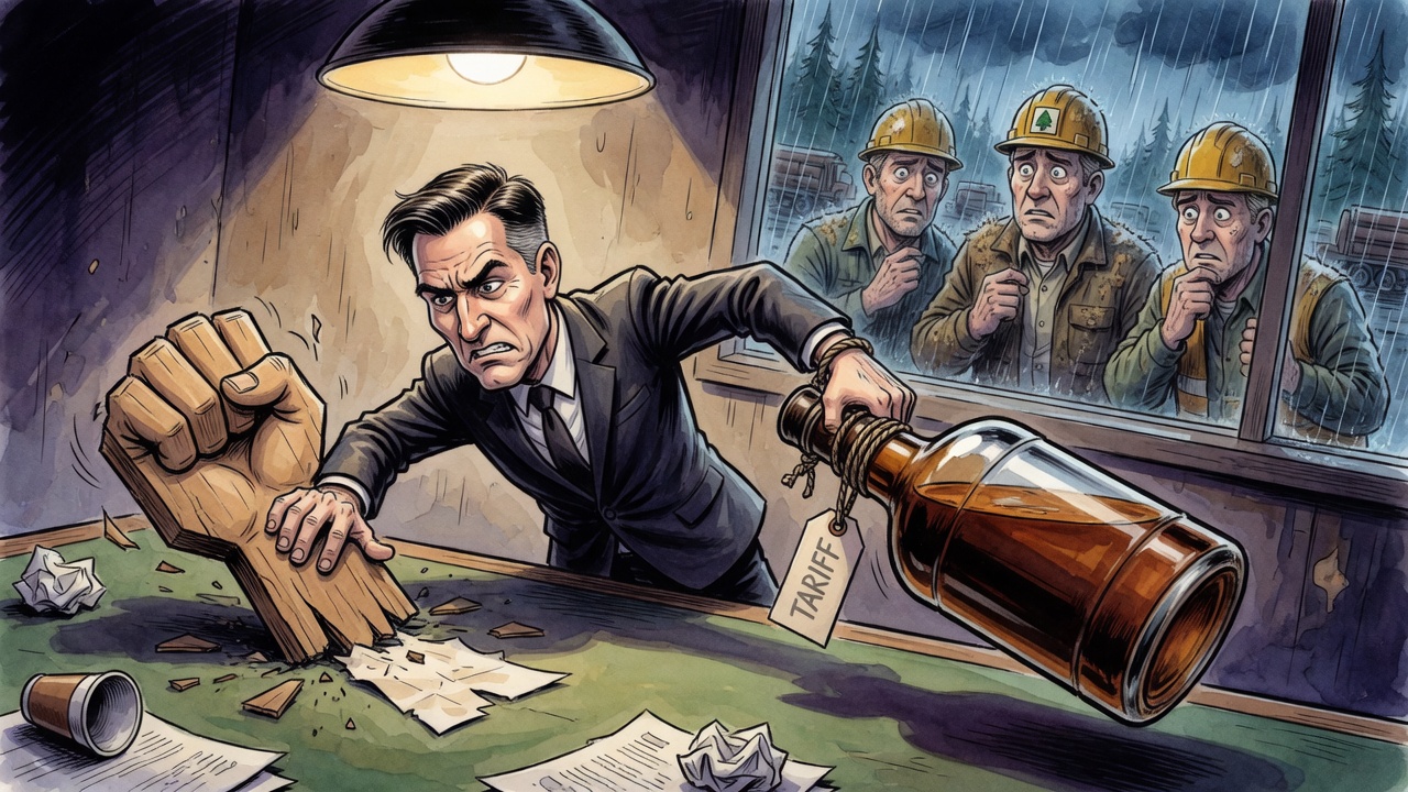 Editorial cartoon of a premier squeezed at a trade table between a broken tough stance and a liquor-bottle-shaped tariff weight as workers watch