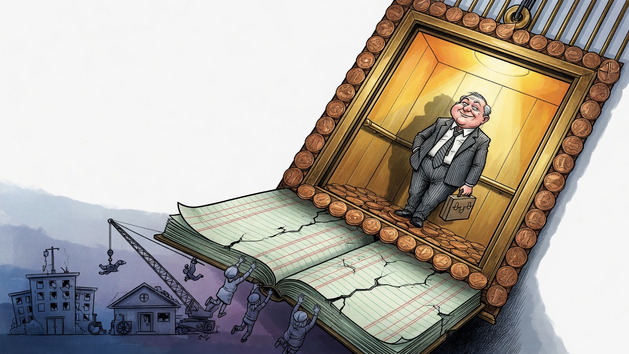 Editorial cartoon of an executive rising in a taxpayer-coin elevator while a cracked public ledger sinks below