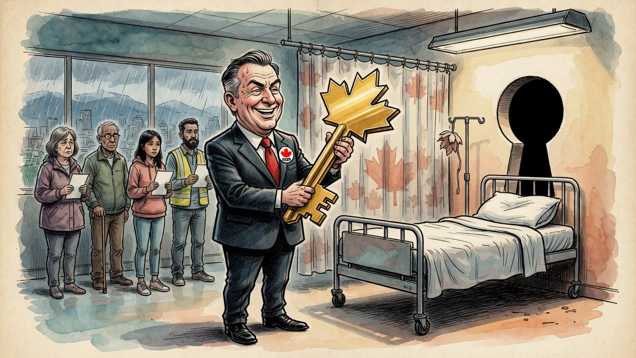 Editorial cartoon of a premier holding a key beside an empty hospital bed shaped like a ballot box