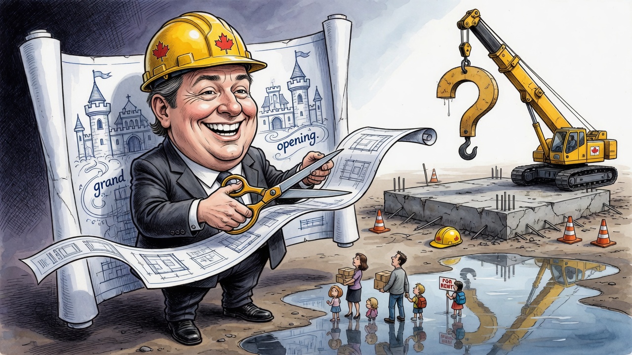 Editorial cartoon of a ribbon-cutting at a paper housing blueprint beside an empty foundation and stalled crane