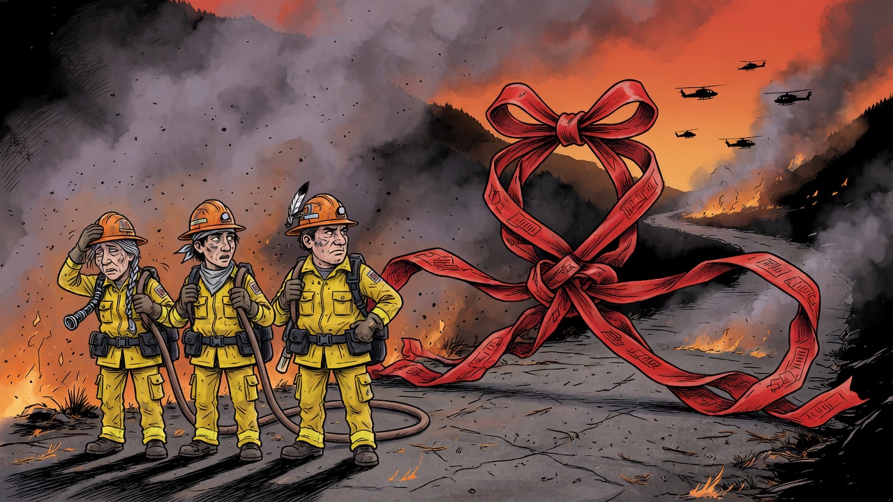 Editorial cartoon of Indigenous wildfire crews blocked by red tape while smoky mountains burn