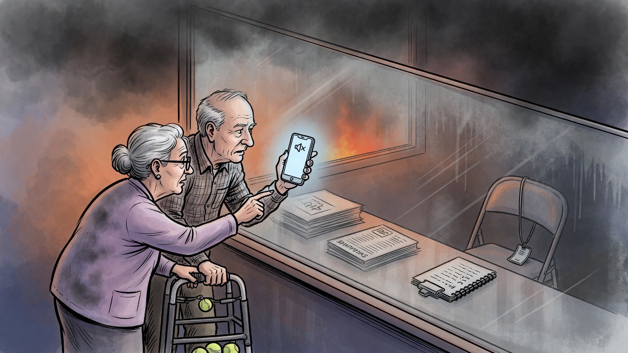 Editorial cartoon of Deaf wildfire evacuees facing a silent alert screen and an inaccessible evacuation desk