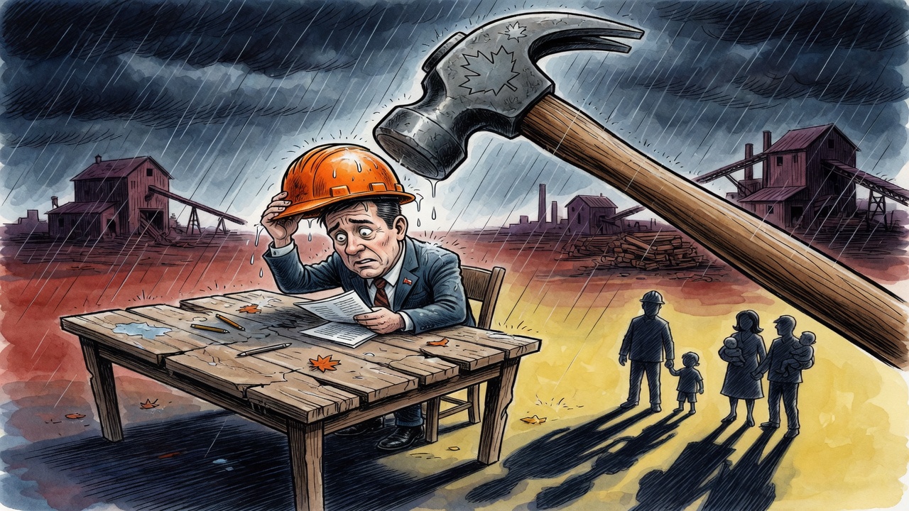 Editorial cartoon of a B.C. premier at a cracked trade table trying to shield workers from a looming tariff hammer
