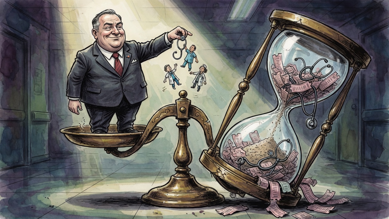 Editorial cartoon of a politician weighing small health-care hiring figures against a much heavier hourglass of waiting-room delays