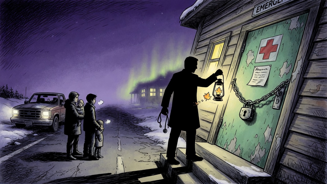 Editorial cartoon of a locked rural emergency room at night with a family waiting on the roadside and one exhausted doctor holding a lantern