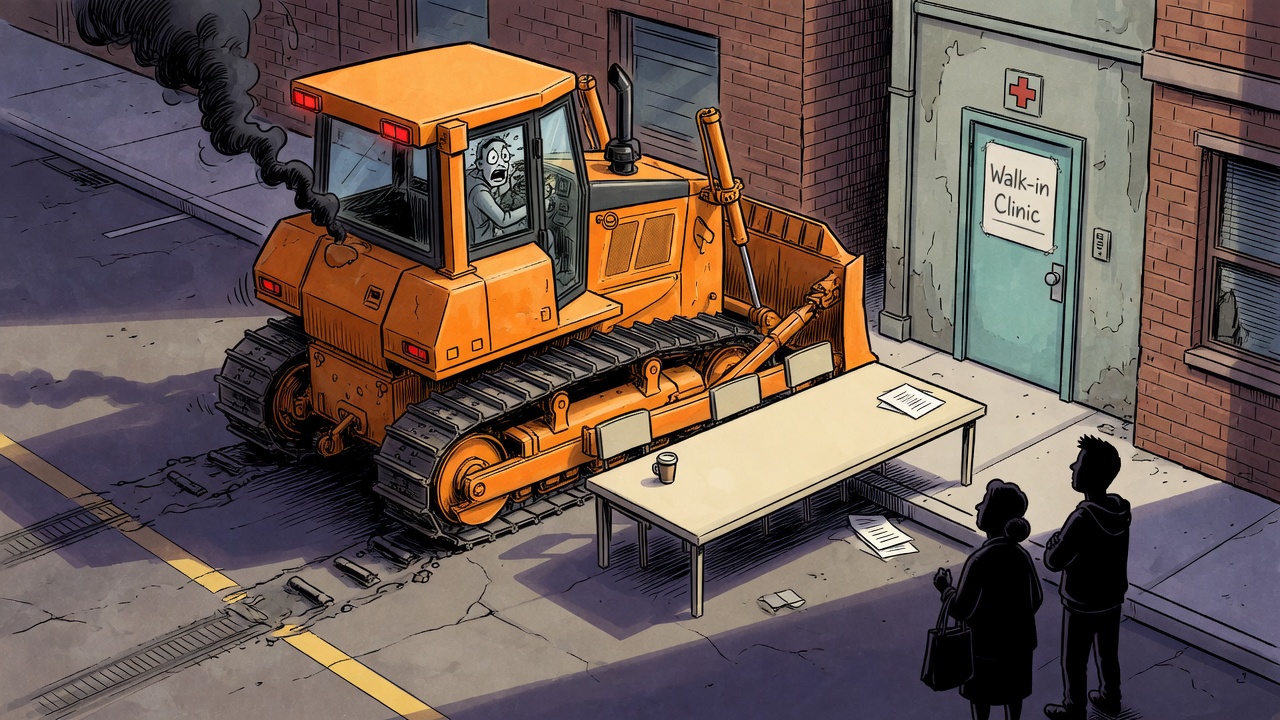 Editorial cartoon of a provincial bulldozer backing away from a downtown health-site doorway while a blank consultation table blocks the street