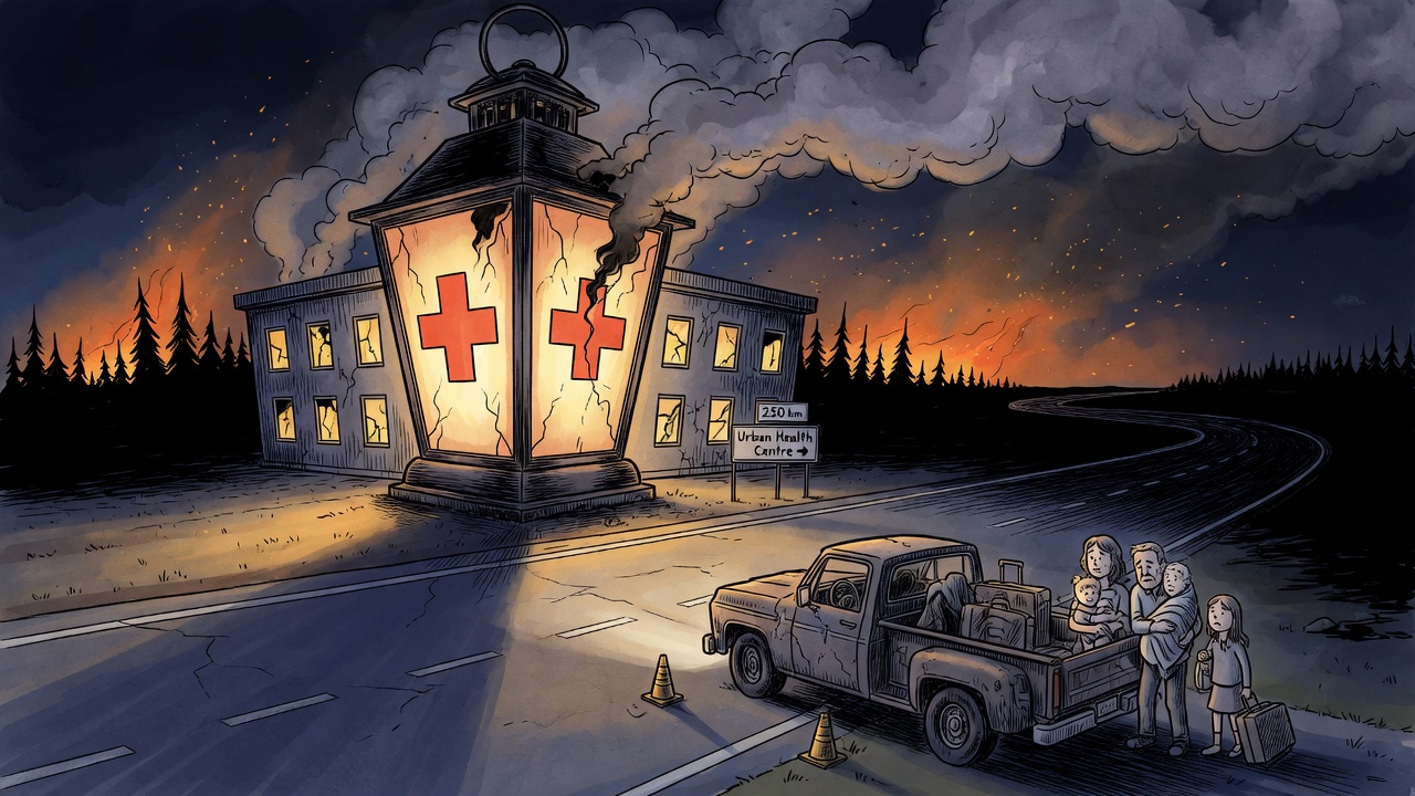 Editorial cartoon of a small rural hospital glowing like a fragile emergency lantern beside a smoky highway while families face a long road to care