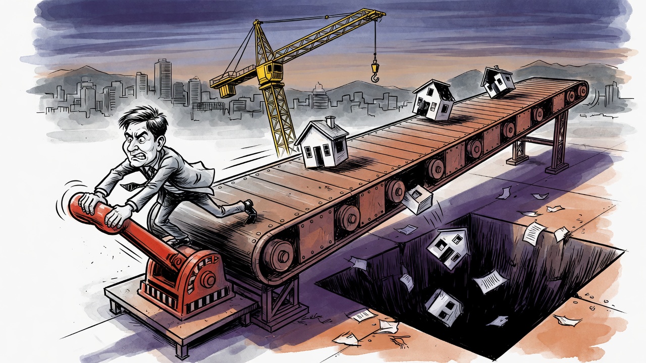 Political cartoon about B.C. housing registrations falling while the government talks about supply.