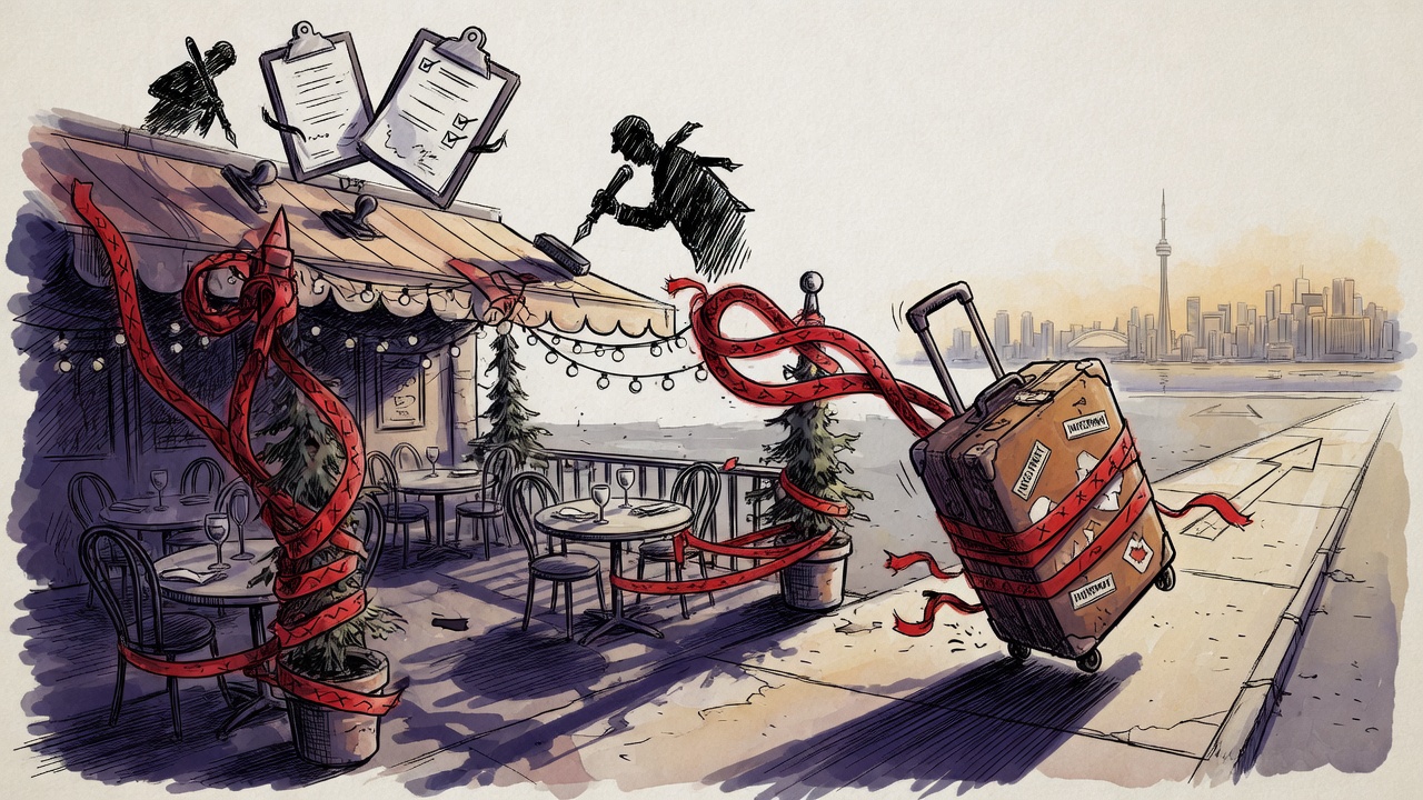 Editorial cartoon of a restaurant patio wrapped in red tape while business investment leaves toward another city