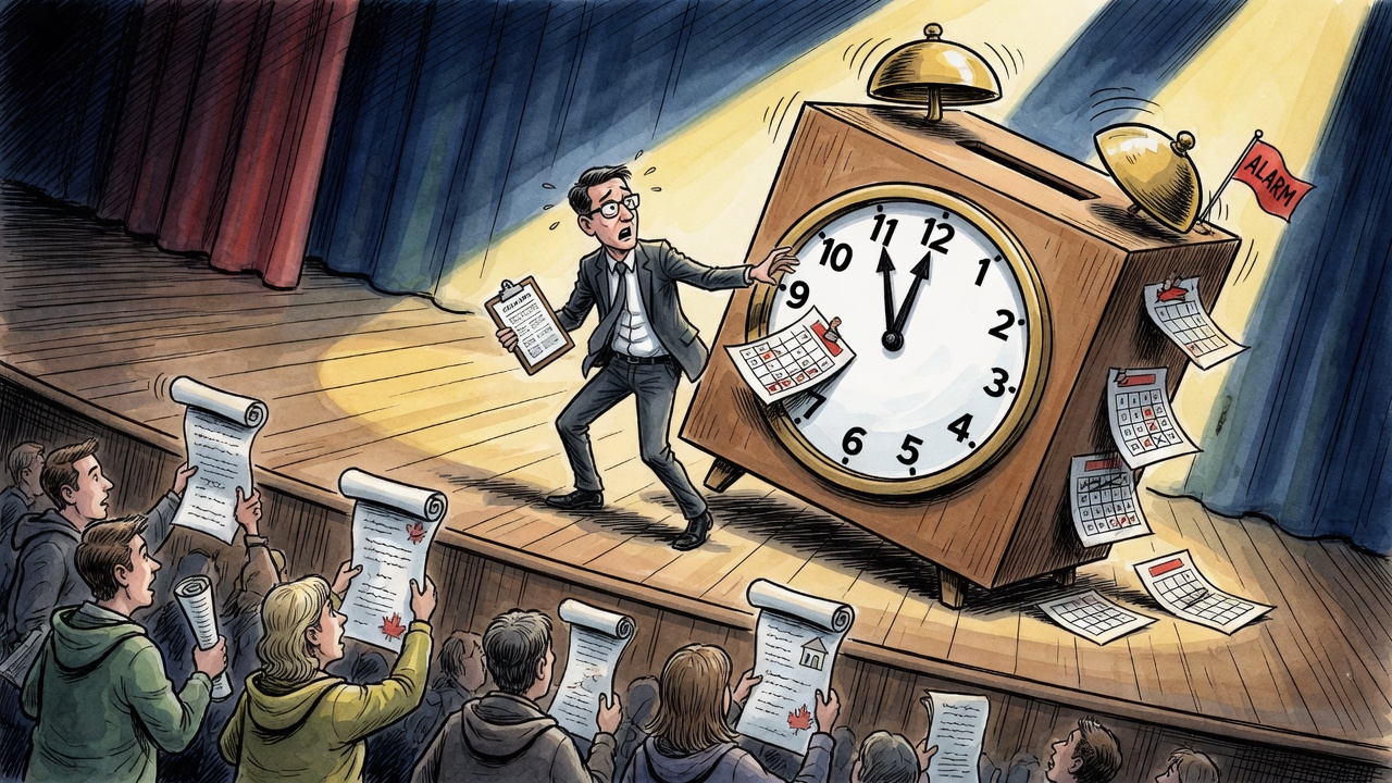 Editorial cartoon of a worried politician beside a giant ballot-box alarm clock as citizens hold petitions