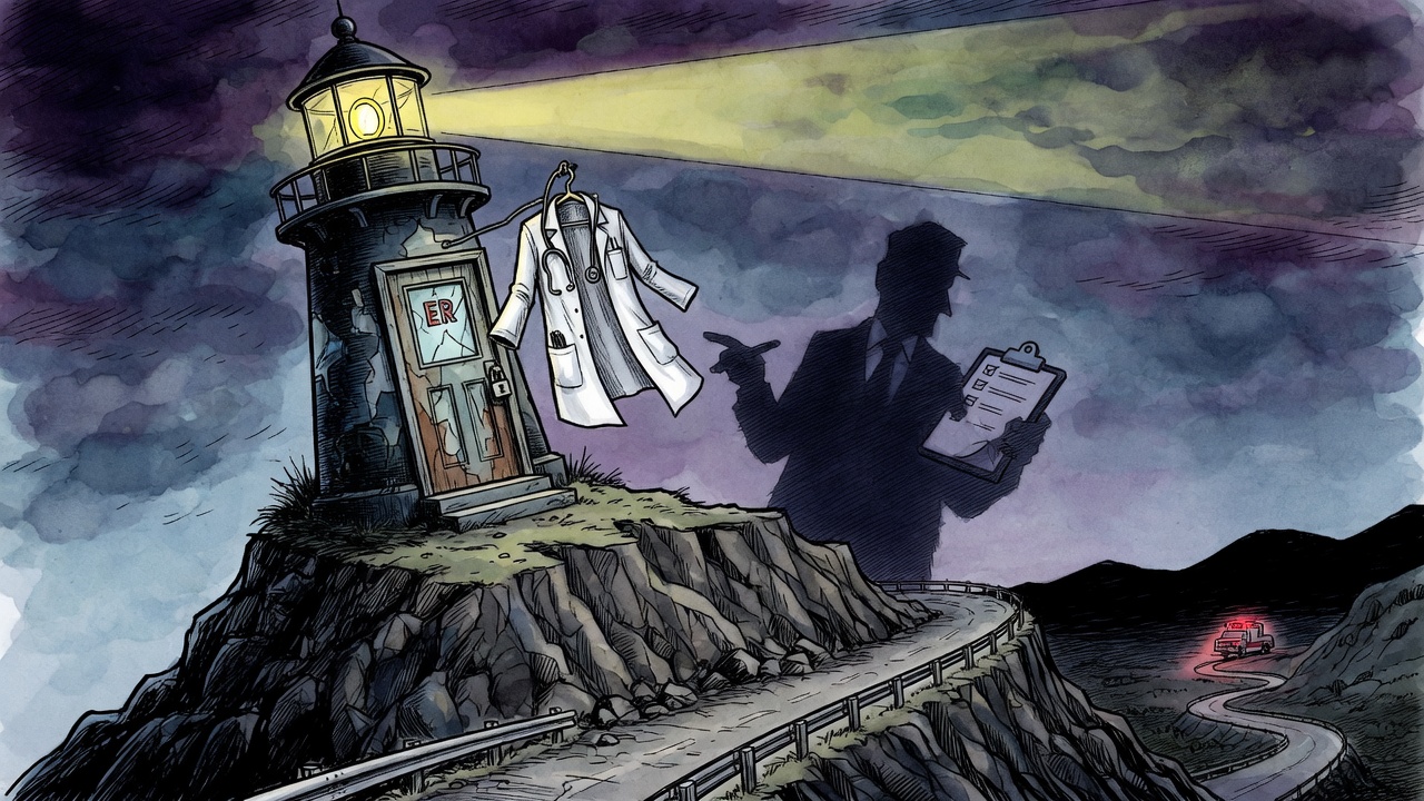 Editorial cartoon of a dark rural emergency room imagined as a failing lighthouse above a long mountain road toward distant ambulance lights