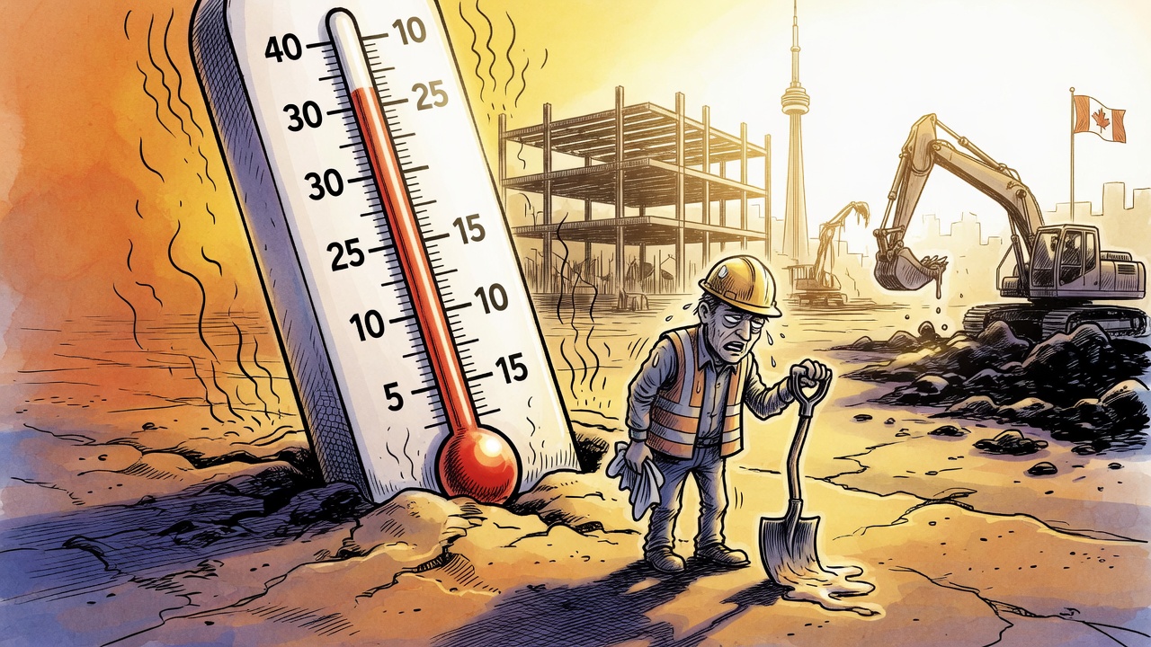 Editorial cartoon of a worker on a scorching job site looking up at a giant blank thermometer with no safety line marked