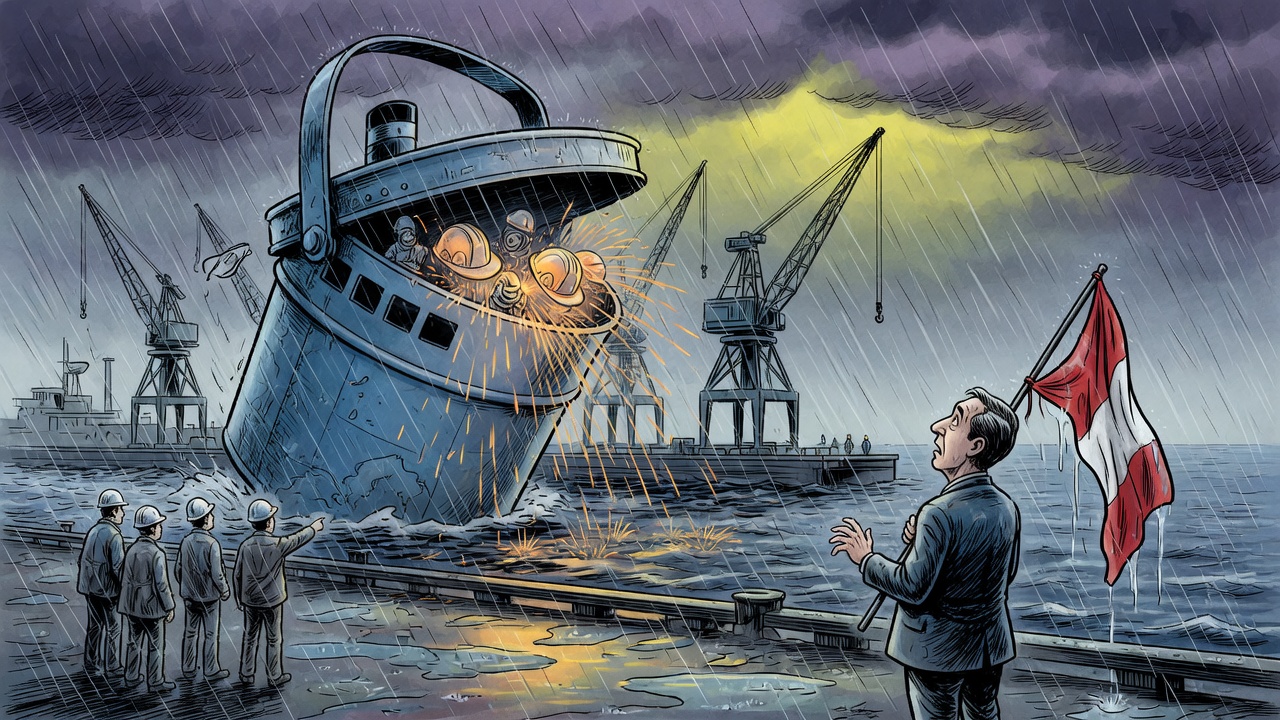 Editorial cartoon of an unmarked ferry leaving a rainy B.C. dock while shipyard cranes and workers are left behind