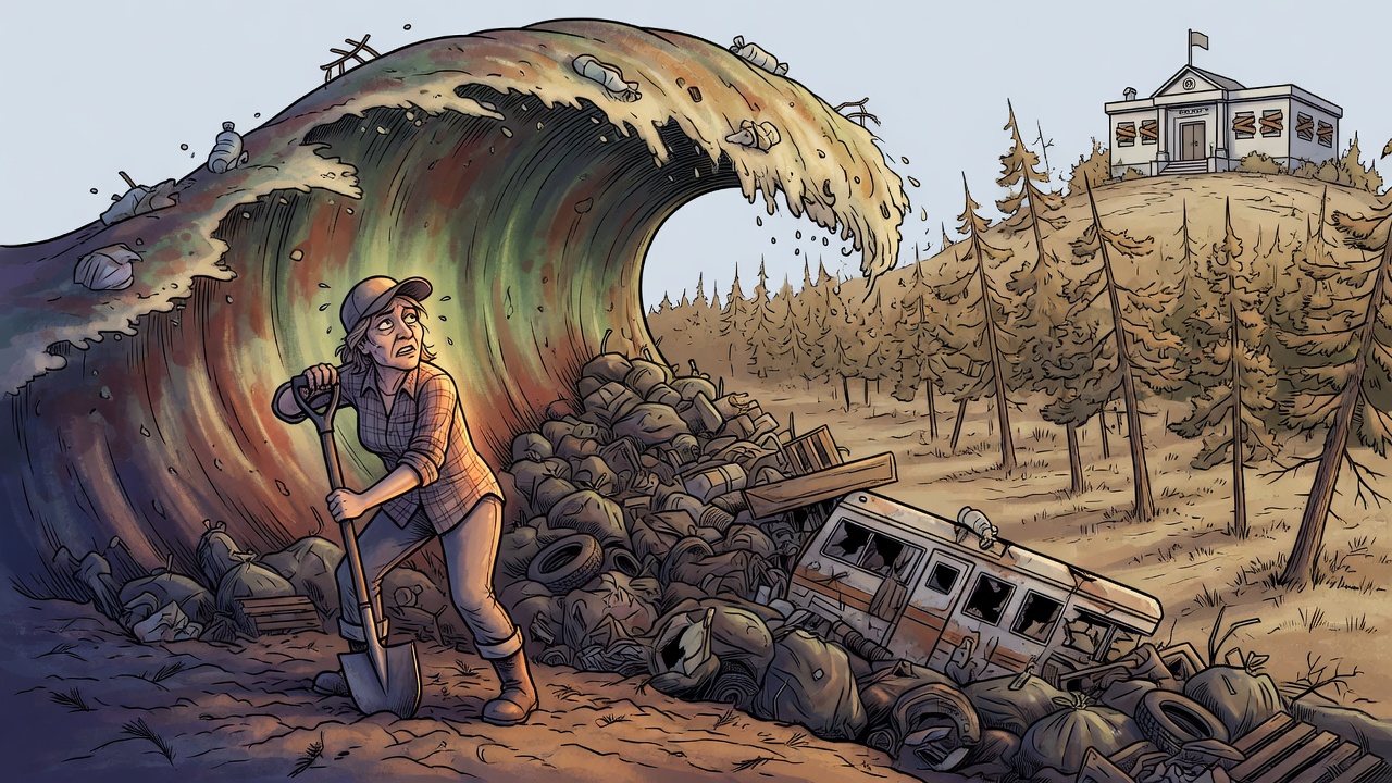 Editorial cartoon of a rural volunteer holding back a wave of backcountry garbage near a dry Okanagan forest