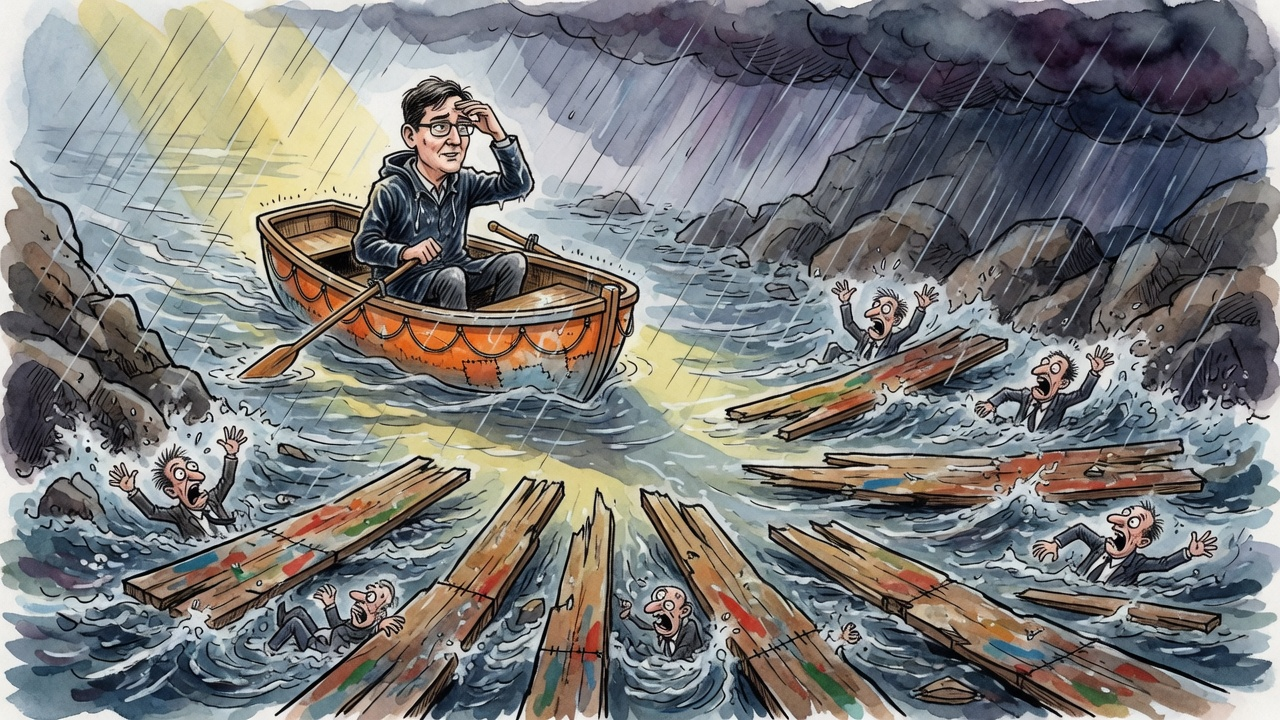 Editorial cartoon of David Eby steering a small patched boat through stormy B.C. water while a fractured opposition boat breaks apart behind him