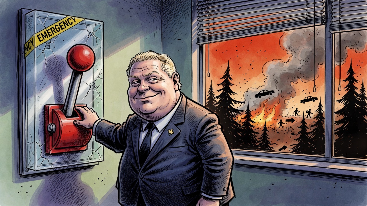 Editorial cartoon of a premier beside an unused emergency lever while wildfire smoke gathers outside