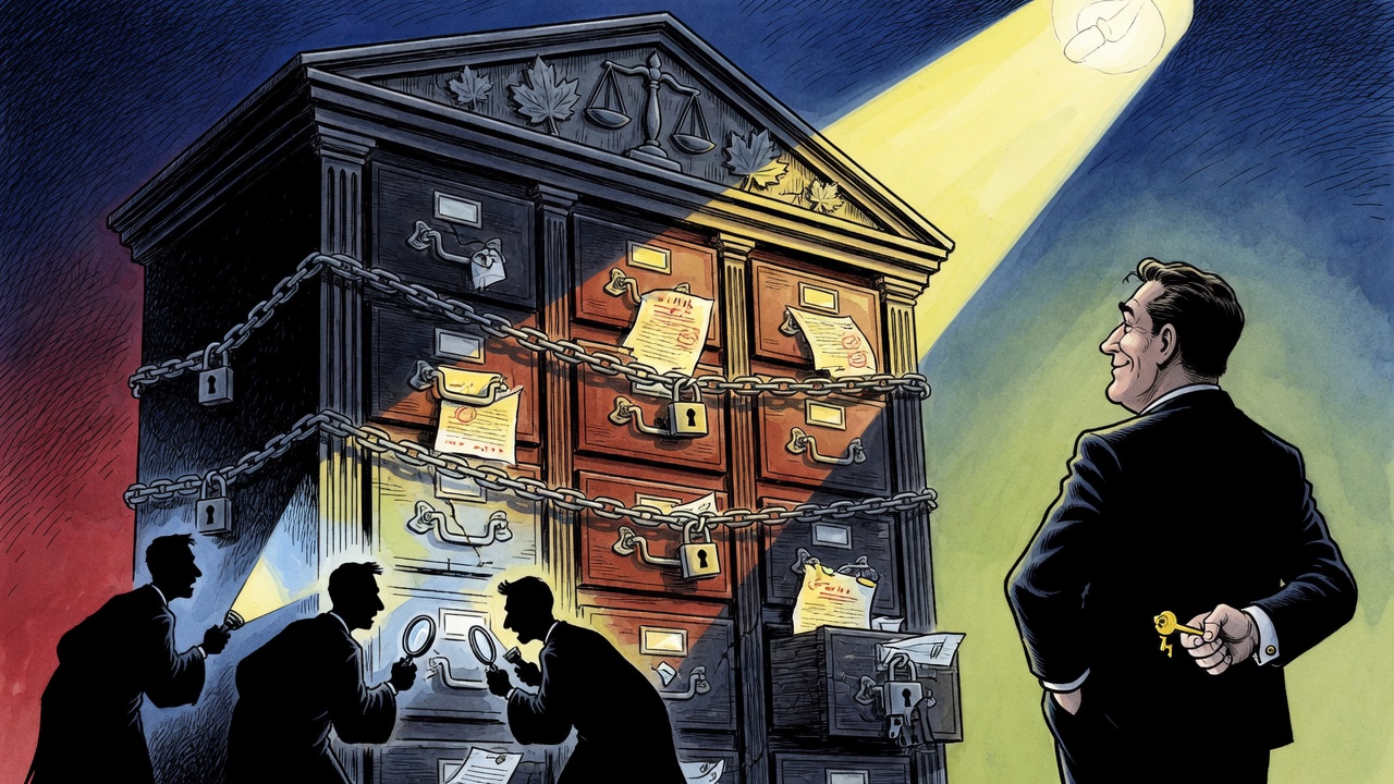 Editorial cartoon of a courthouse-shaped locked filing cabinet while lawyers search for hidden government correspondence