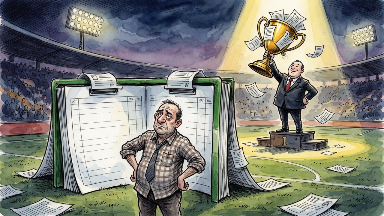 Editorial cartoon of a taxpayer on a soccer field opening an empty ledger as officials celebrate a trophy made of loose survey papers