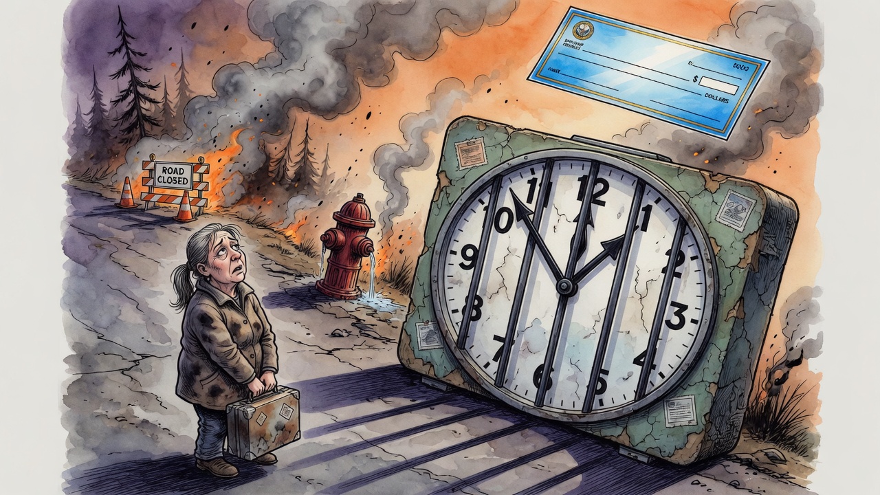 Editorial cartoon of a wildfire evacuee stopped by an oversized government clock blocking a smoky rural road while recovery help hangs out of reach