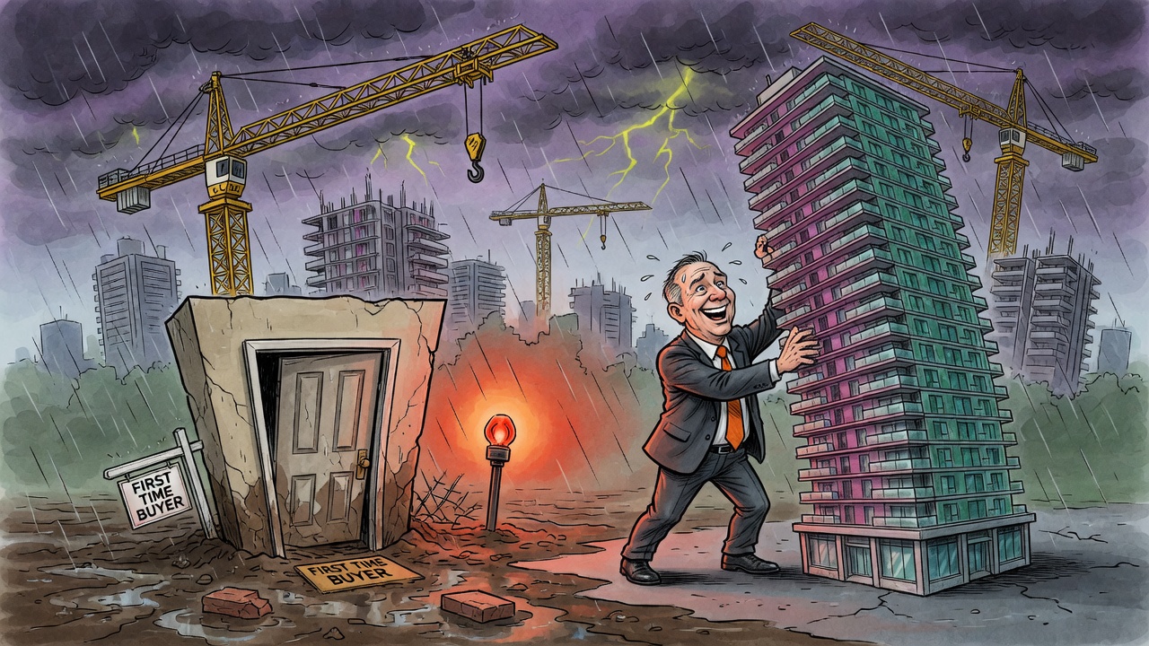 Editorial cartoon of a politician propping up rental towers while a starter-condo doorway sinks beside a stormy Vancouver skyline