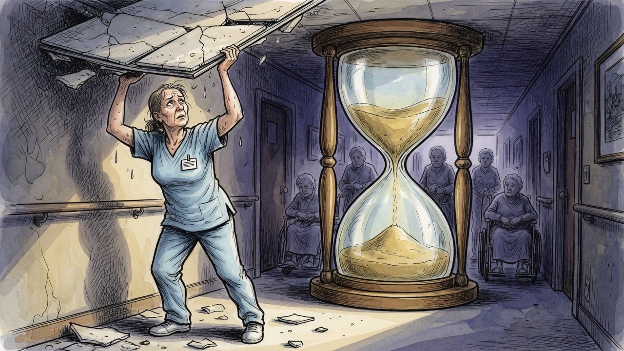 Editorial cartoon of an exhausted seniors-care worker holding up a sagging care-home hallway while a giant hourglass blocks residents waiting in shadow