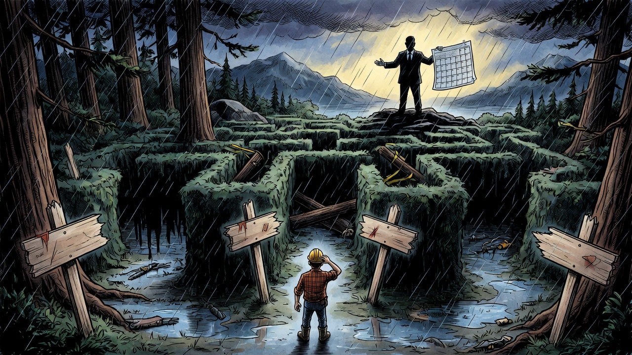 Editorial cartoon of a Campbell River forestry worker lost in a dark forest maze while a distant government figure holds an empty calendar