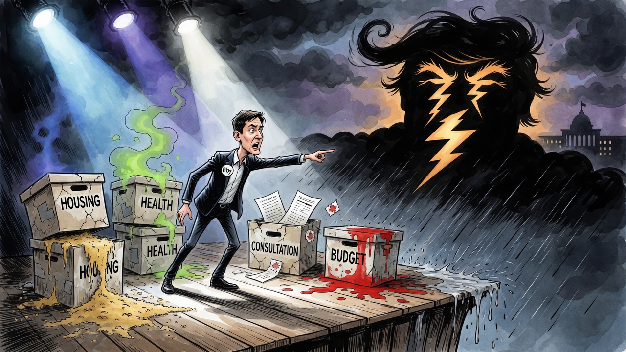 Editorial cartoon of a campaign podium facing a storm while provincial files leak behind it