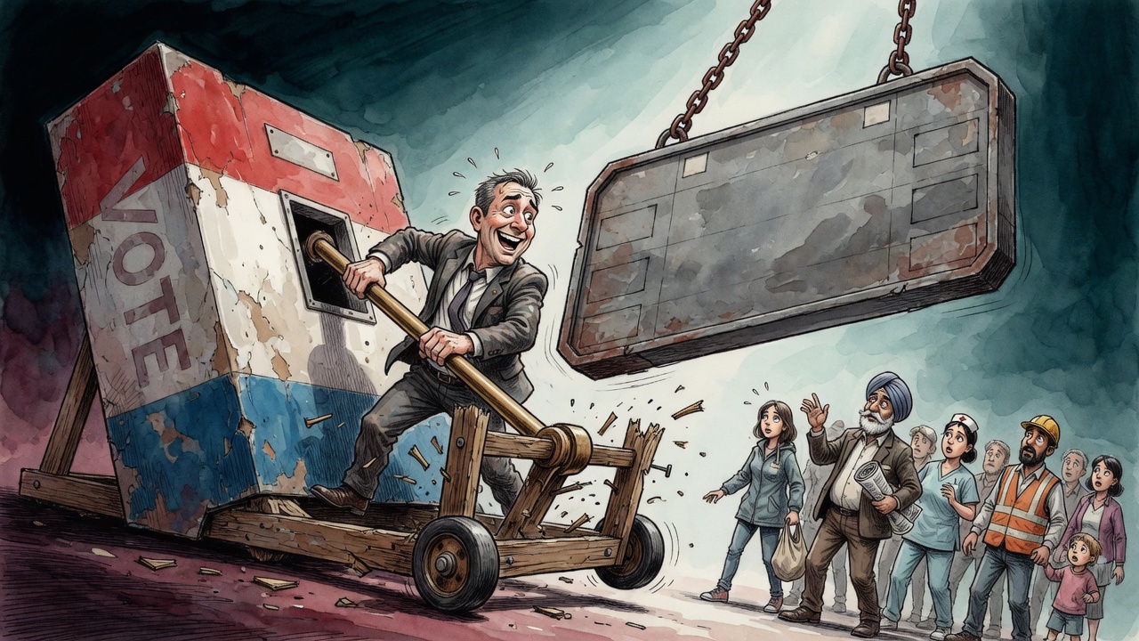 Editorial cartoon of a premier pulling a huge election-machine lever as public opinion swings back