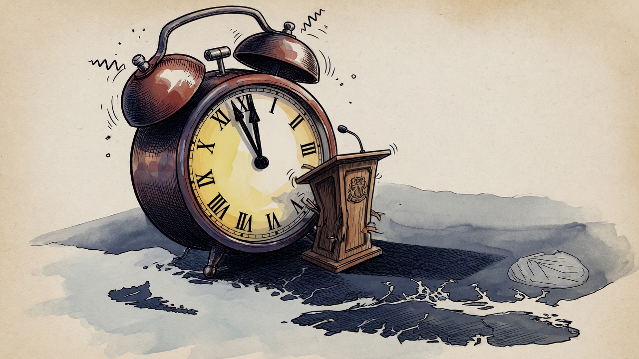 Editorial cartoon of an empty provincial podium squeezed by a giant alarm clock