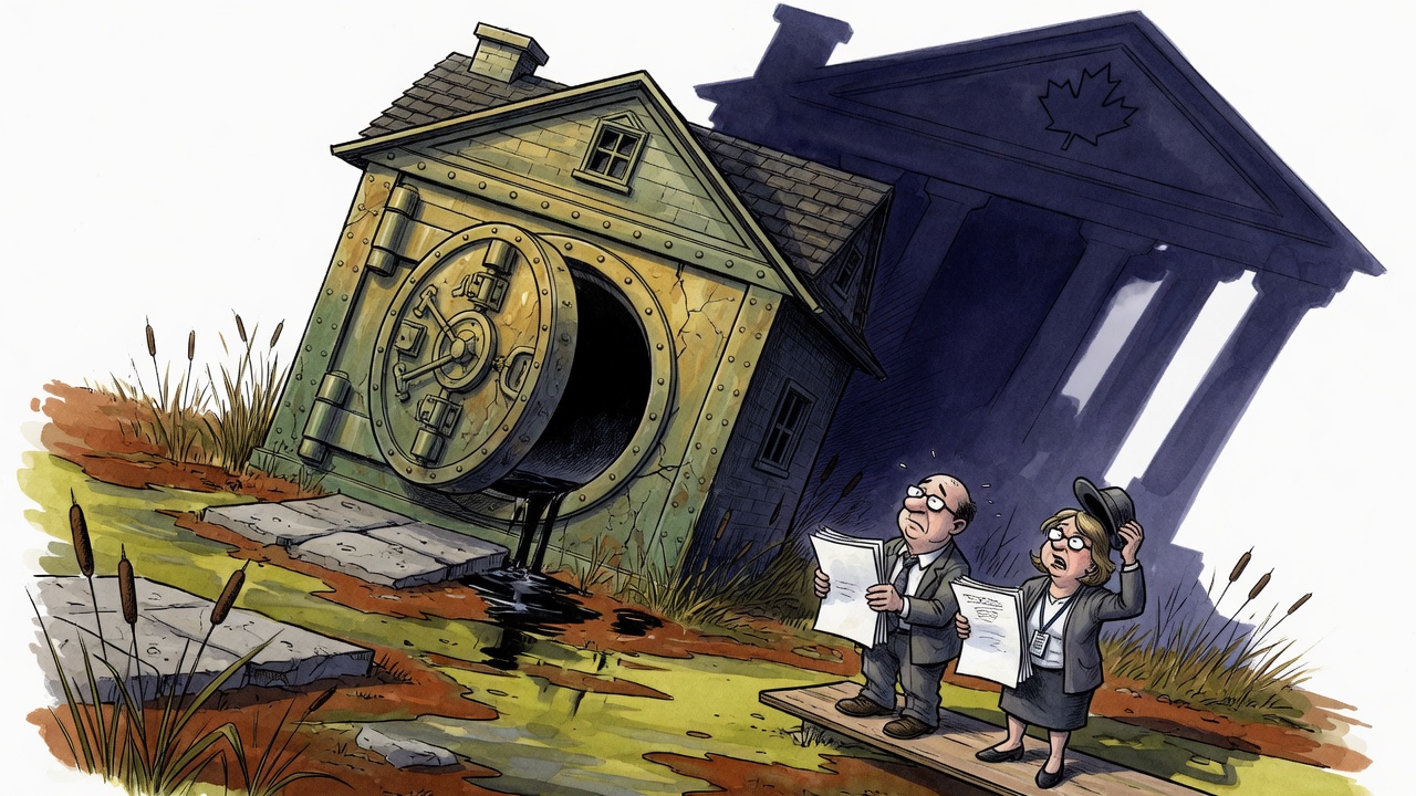 Editorial cartoon of a house-shaped bank vault cracked open on unstable ground under a courthouse shadow