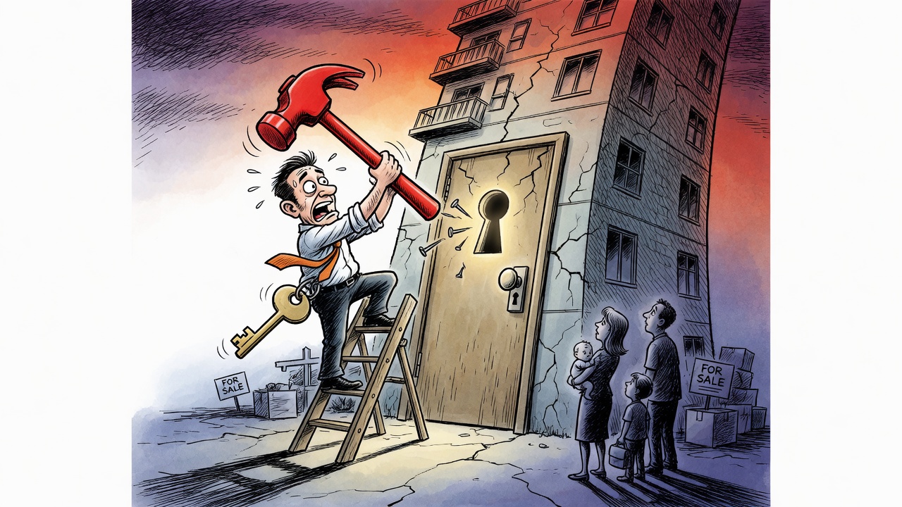 Editorial cartoon of a frantic premier using a giant hammer on a locked condo tower while a family waits outside