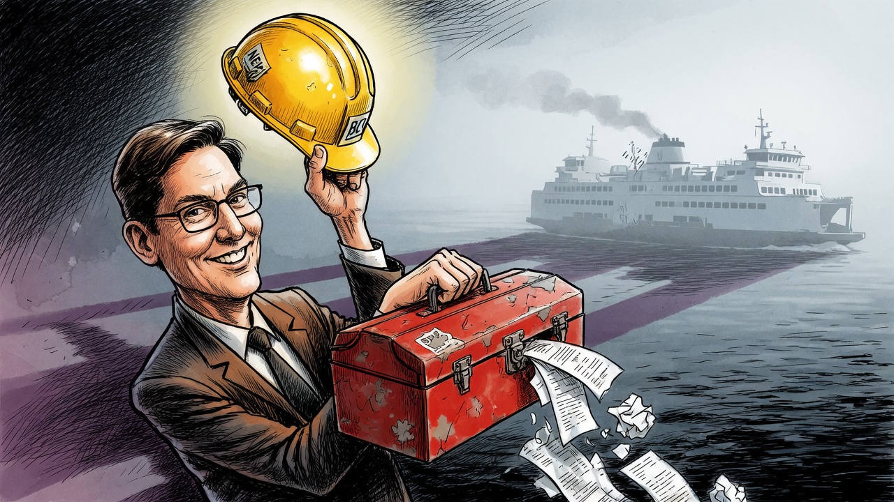 Editorial cartoon of David Eby lifting a shiny construction hard hat while old procurement receipts spill from a toolbox and a ferry silhouette sits offshore