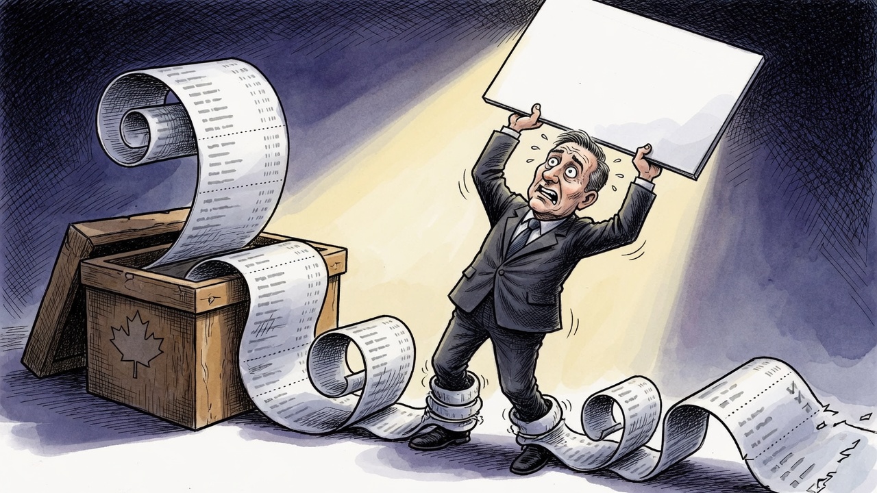 Editorial cartoon of a politician held back by a long receipt unspooling from a ballot box