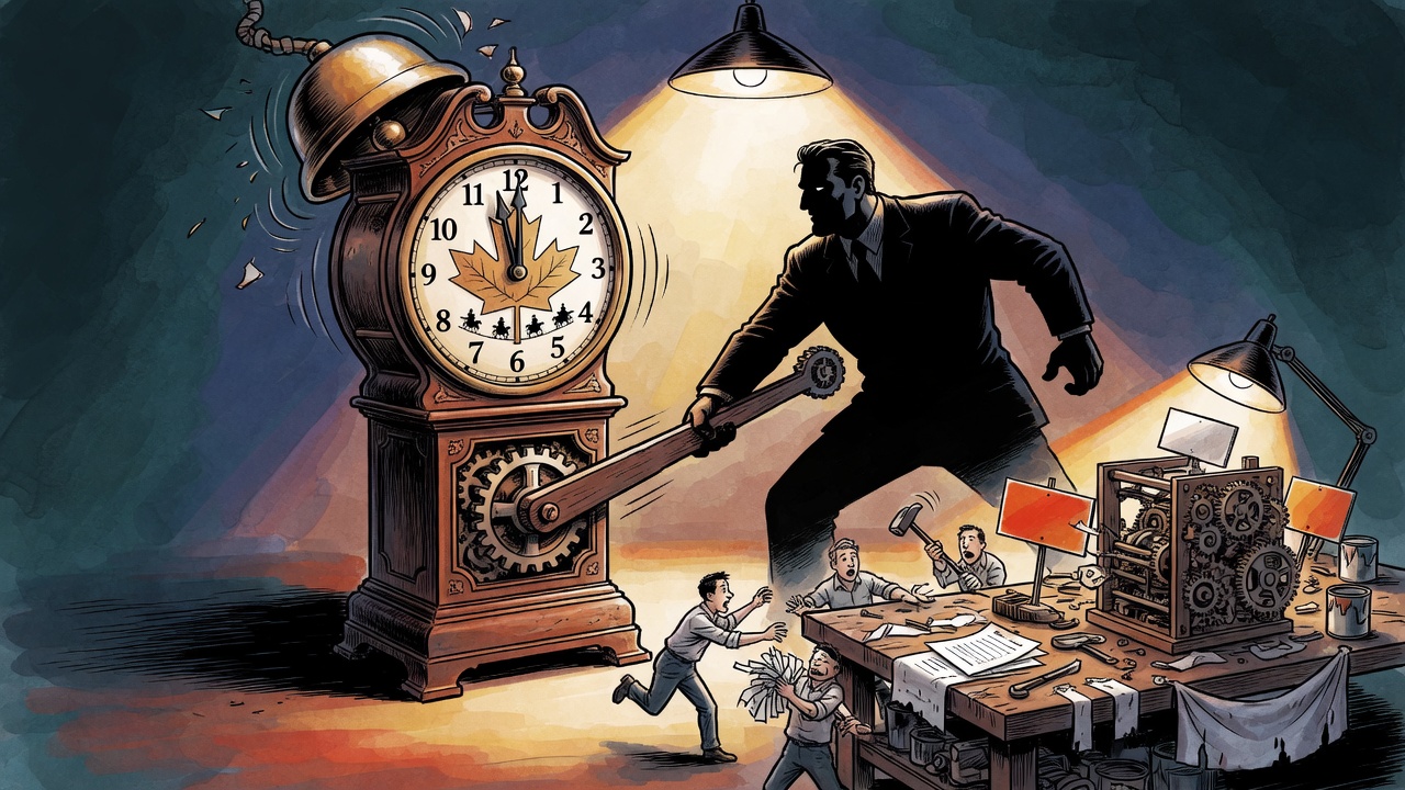 Editorial cartoon of an early election clock ringing while a small campaign machine is still being assembled
