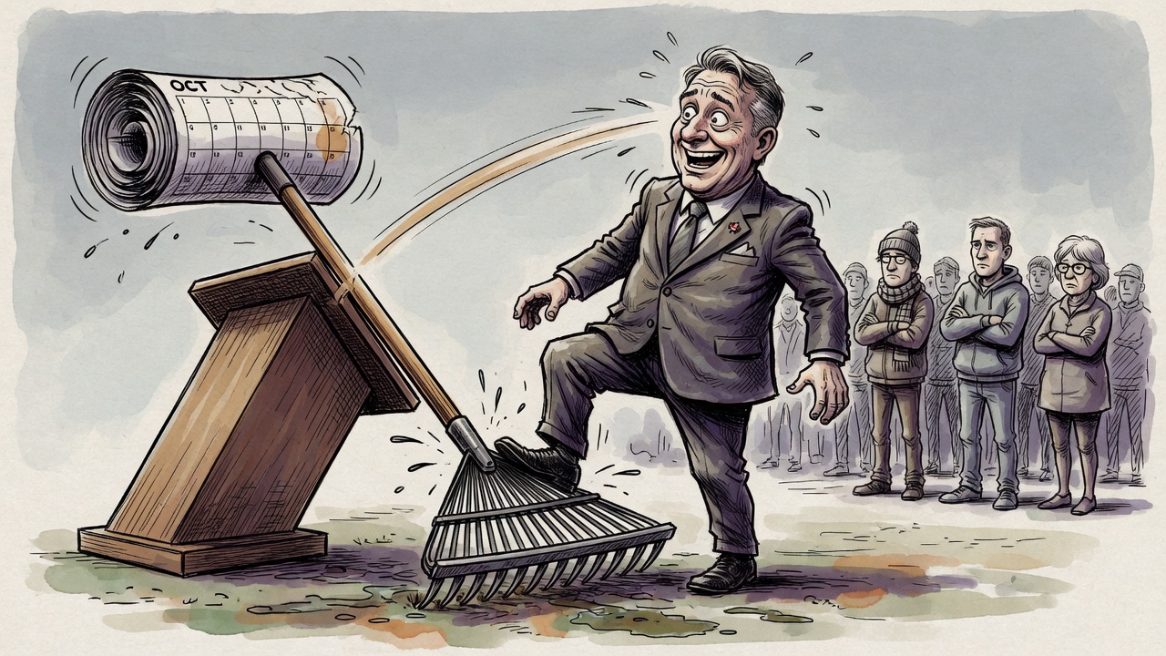 Editorial cartoon of a provincial premier at a campaign podium stepping on an election-calendar rake